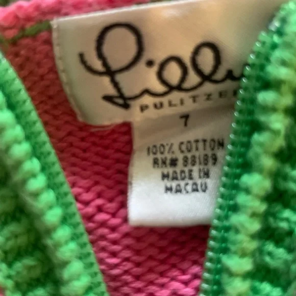 LILLY PULTIZER VINTAGE  Preppy Bright Pink & Green Zip Up Sweater - Size 7 - Picture 2 of 5